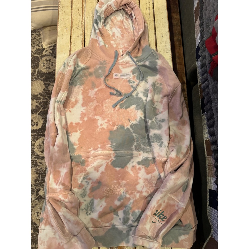 Nike Sportswear Tie Dye Hoodie Peach Green XL Pullover French Terry Swoosh